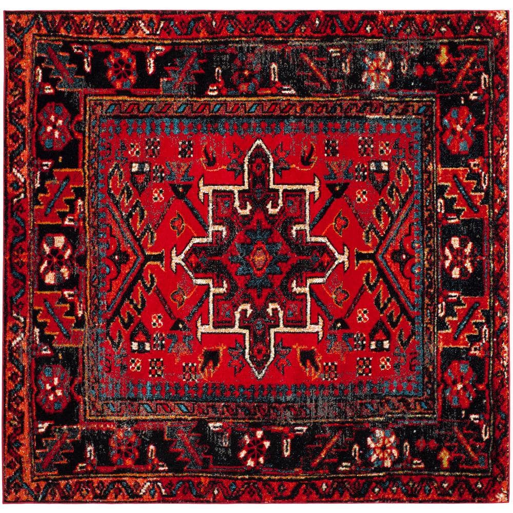 Vintage Red and Multi Synthetic Square Area Rug, 8'x8'