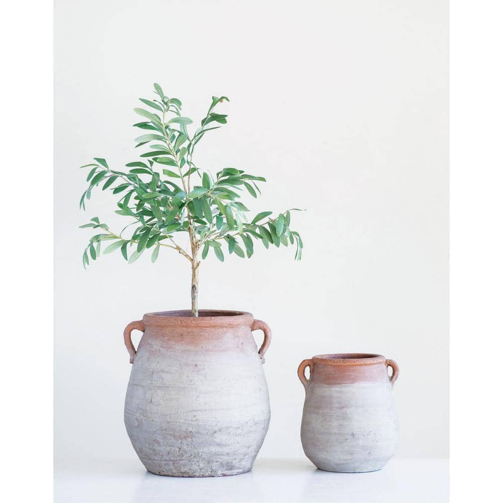 14" Orange and Whitewashed Terracotta Urn with Handles