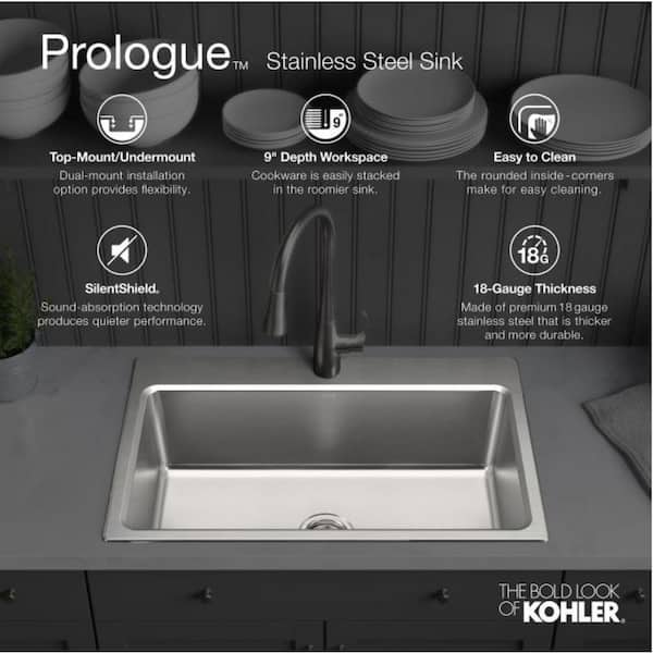 KOHLER Prologue Dual-mount 33-in x 22-in Stainless Steel Double Equal Bowl  1-Hole Kitchen Sink in the Kitchen Sinks department at