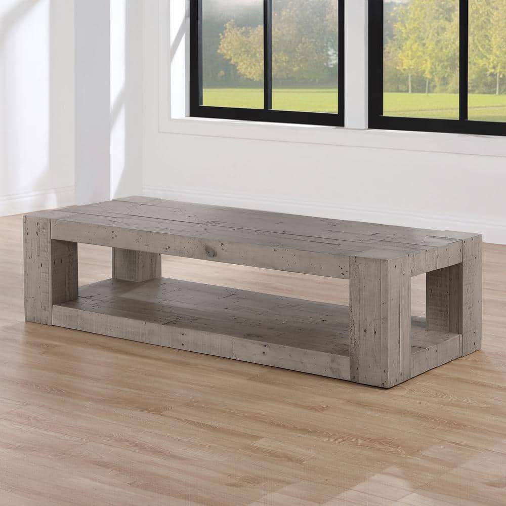 Distressed Gray Reclaimed Pine Rectangular Coffee Table with Shelf
