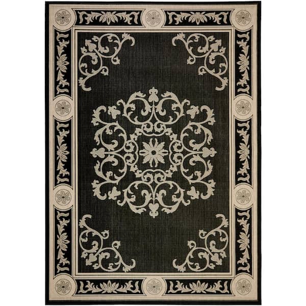 Courtyard Black/Sand 9 ft. x 12 ft. Floral Indoor/Outdoor Patio  Area Rug