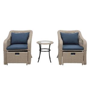 Lady Brown 5-Piece Wood Outdoor Patio Furniture Set with Blue Cushions