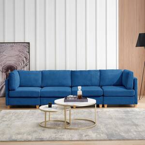 95.67in.W Square Arm Corduroy Fabric Convertible L Shape Sectional Sofa in Blue and Multi-person Combination