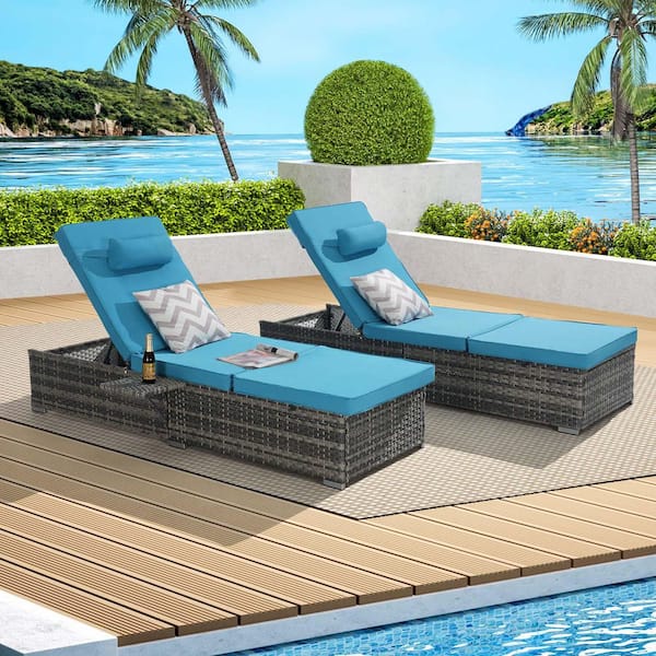 Unbranded 2-Piece Wicker Outdoor Chaise Lounge Chairs Patio Reclining Chair with Adjustable Backrest and Light Blue Cushions