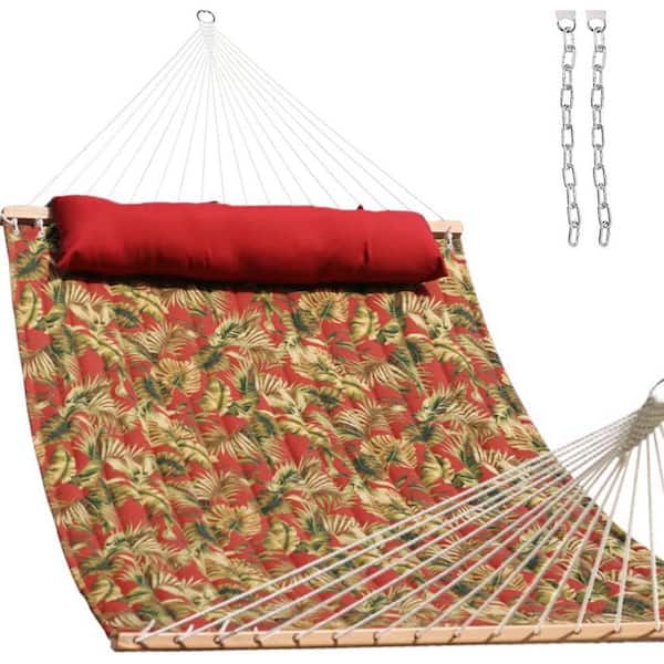 12 ft. 2 Person Quilted Fabric Hammock with Spreader Bar, Pillow and Chains (Floral Red