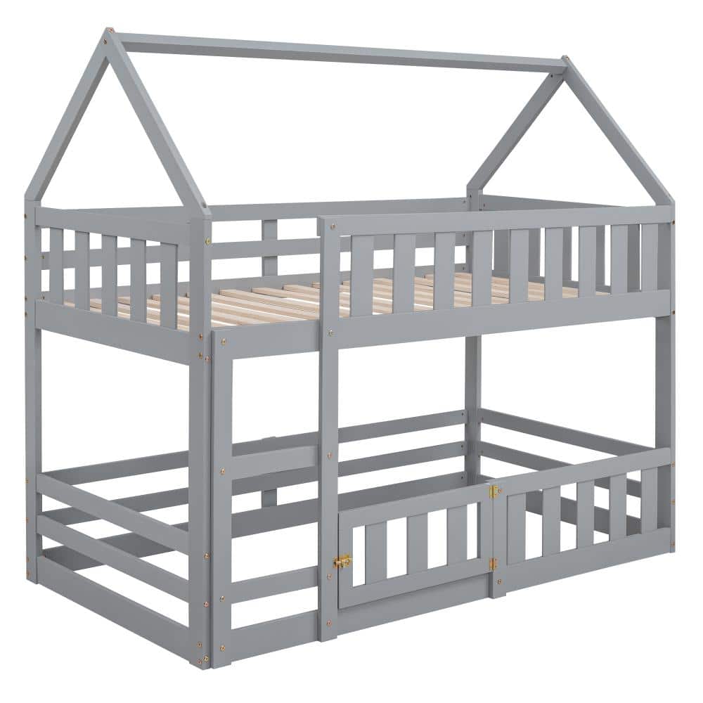 Nestfair Gray Wood Twin over Twin Bunk Bed with Fence and Door ...