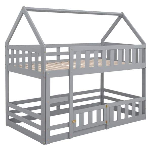 Nestfair Gray Wood Twin over Twin Bunk Bed with Fence and Door ...