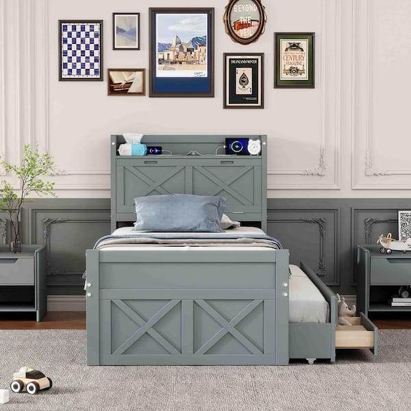 Gray Wood Frame Twin Size Platform Bed with Storage Headboard with Outlets, Twin Size Trundle with 3 Storage Drawers