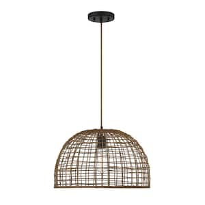 18 in. W x 12 in. H 1-Light Dark Brown Rattan Shaded Pendant Light