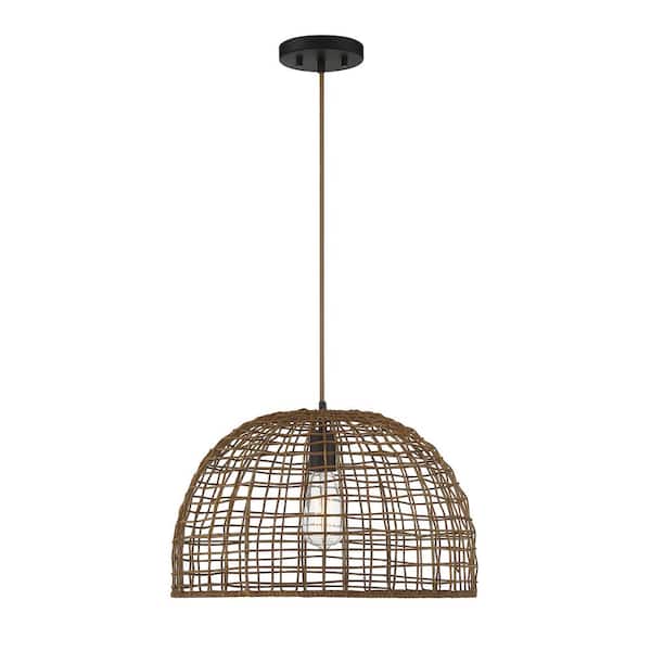 TUXEDO PARK LIGHTING 18 in. W x 12 in. H 1-Light Dark Brown Rattan Shaded Pendant Light