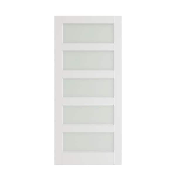 30 in x 80 in 5 Lite Solid Core Frosted Glass White Primed Composite MDF Wood Interior Door Slab