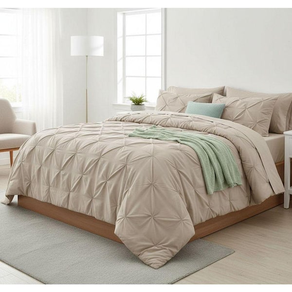 Pinch Pleat California King 7-Piece Beige Comforter Set Polyester