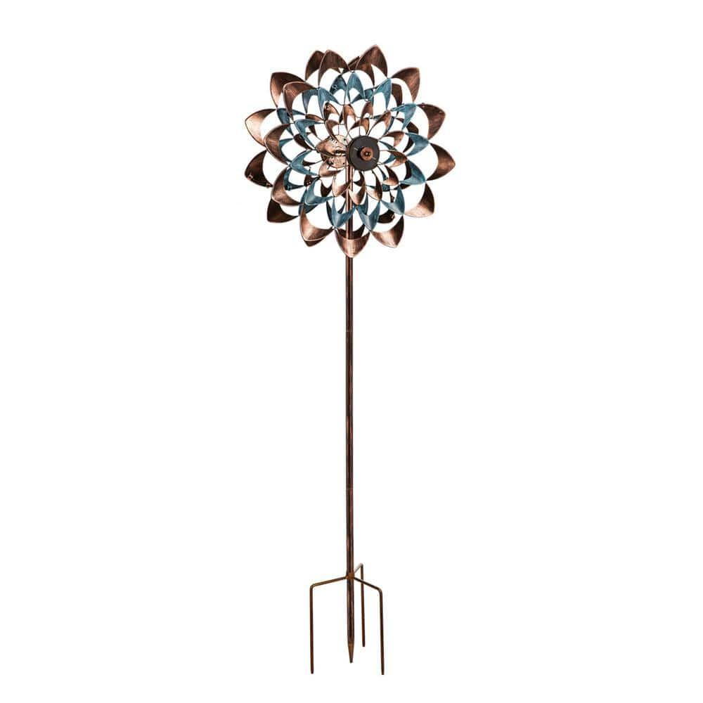 Evergreen 75 in. H Solar Wind Spinner, Copper and Verdigris Zinnia