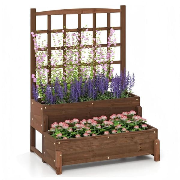 2-Tier Raised Garden Bed with Trellis Wooden Planter Box with Drainage Holes for Climbing Plants/Vegetables Yards Wood