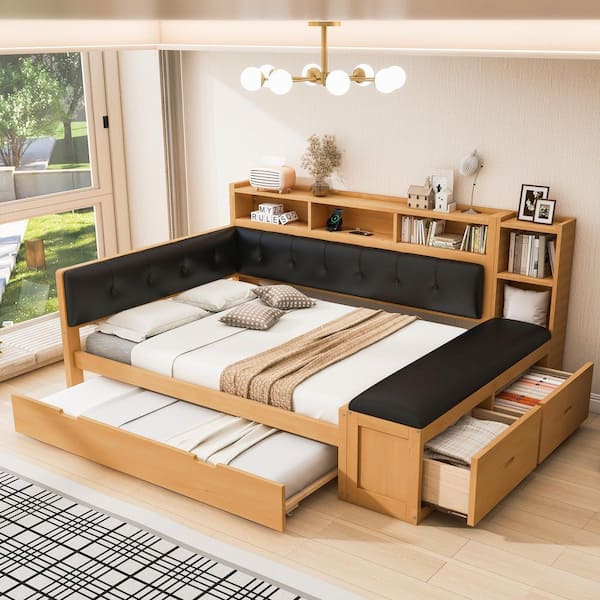 Natural and Black Full Size Wood Daybed with Upholstered Headboard, Bench, Shelves, Drawers, Trundle, Charging Station