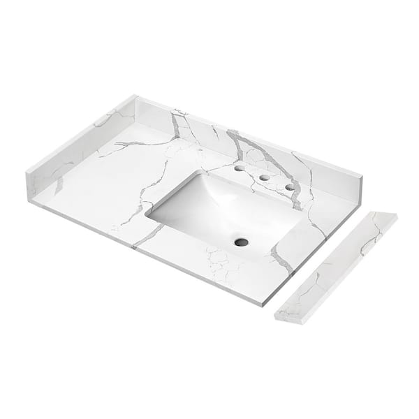 YASINU 36 in. W x 22 in. D Quartz Stone White Rectangular Single Sink Bathroom Vanity Top in Calcutta White in Right Sink