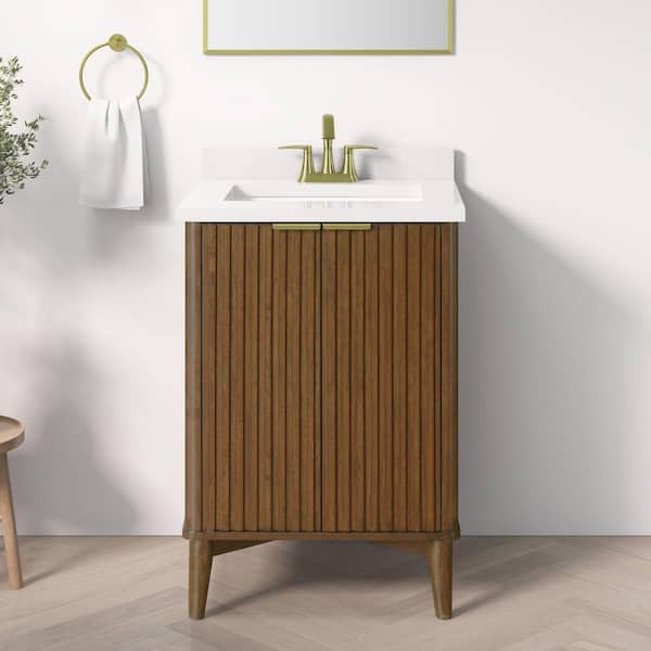 Gabi 24 in. Single Sink Freestanding Warm Walnut Bath Vanity with White Engineered Stone Top (Assembled)