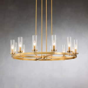 Damitri 12-Light Brushed Gold Industrial Vintage Wheel-Shape Chandelier with Cylindrical Candlestick Clear Glass Shade