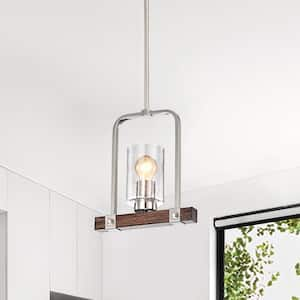 1-Light Brushed Nickel and Wood Finish Farmhouse Pendant Light with Seedy Glass Shade