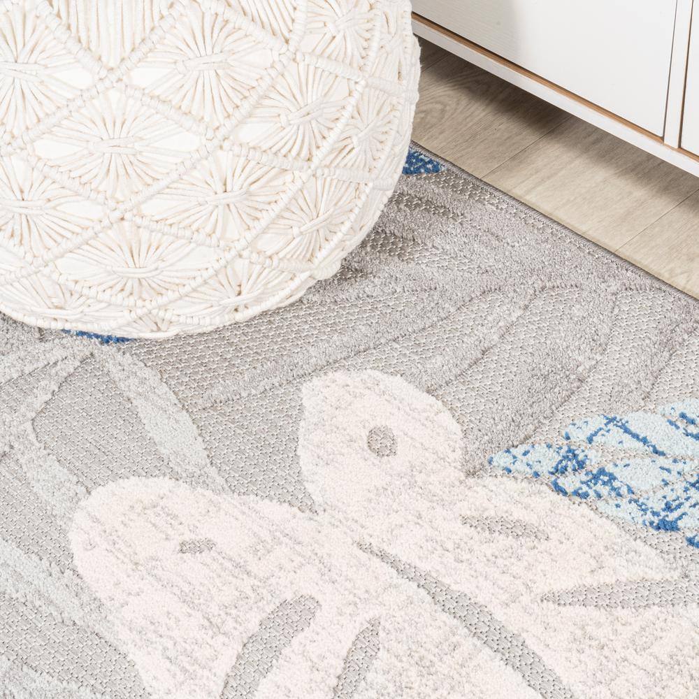 Light Gray and Navy Tropical Leaf Runner Rug, 2'-3" x 8', Synthetic