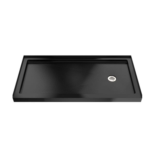 SlimLine 60 in. L x 36 in. W Alcove Rectangular Black Shower Pan Base with 2 in. Round Right Drain in Polished Nickel