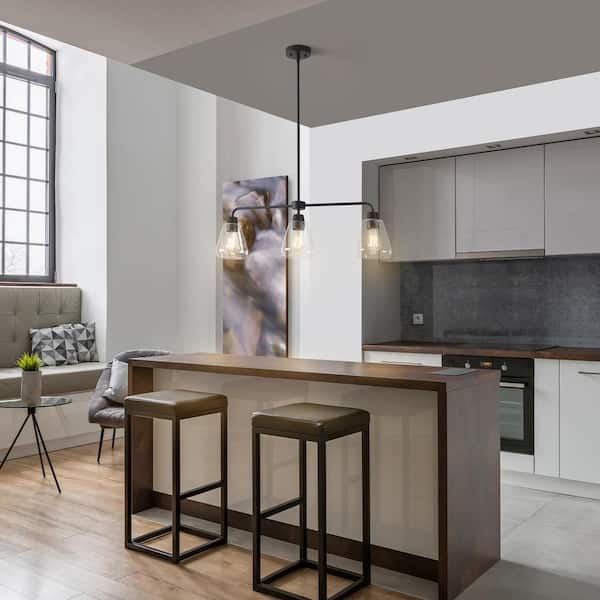 Hampton Bay Granby 3-Light Matte Black Linear Chandelier with Glass Shades