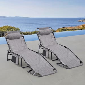 Portable 74.4 in.L Grey 2-Piece Metal Adjustable and Reclining Outdoor Chaise Lounge with Pillow and Side Pocket