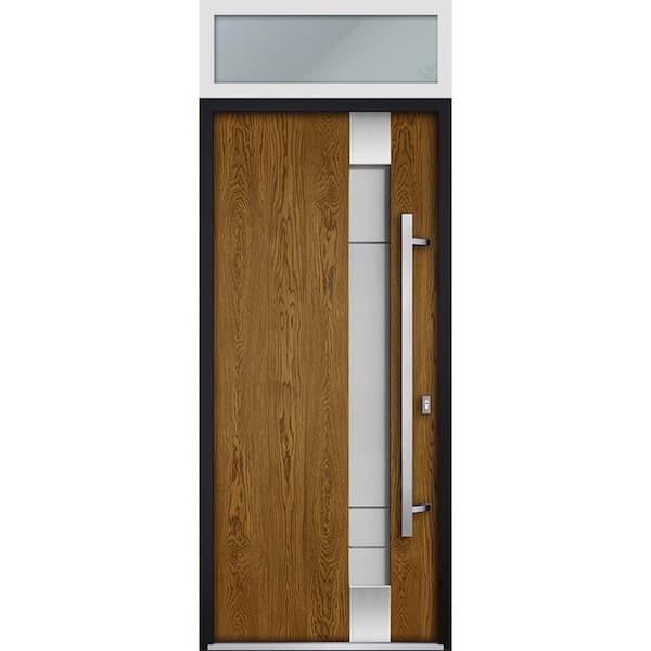 VDOMDOORS 36 in. x 96 in. Left-Hand/Inswing Transom Frosted Glass Natural Oak Steel Prehung Front Door with Hardware