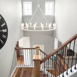 16-Light Distressed White Wagon Wheel Rustic Dimmable Linear Chandelier with No Bulbs Included