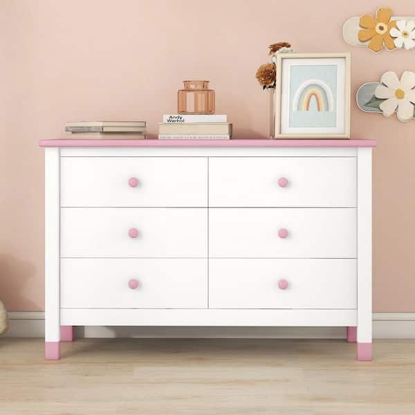 CSC DECOR INC Modern Wood 6-Drawers White/Pink Dresser Storage Cabinet for Kids (47 in. W x 17 in. D x 30 in. H)