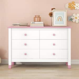 Modern Wood 6-Drawers White/Pink Dresser Storage Cabinet for Kids (47 in. W x 17 in. D x 30 in. H)