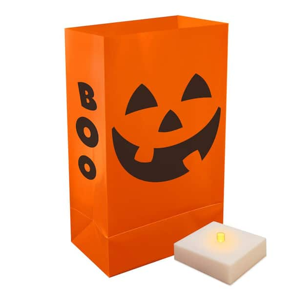 LUMABASE Battery Operated Luminaria Kit with Timer- Orange Jack O' Lantern (6 Count)