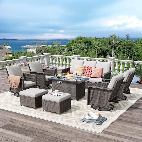 Brafab 8-Piece Outdoor Patio Set with 44" Gas Fire Pit Table, PE Wicker Swivel Rocking Chairs & 4.3" Cushions, Biege