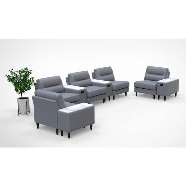 Leather Cushioned High-Back Ergonomic Lobby Armless Chairs in Gray with Integrated Charging Table for 5 persons