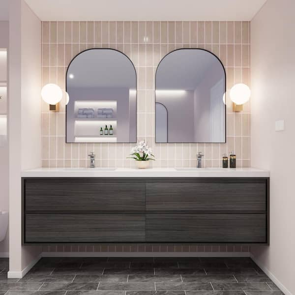 Moreno Bath Sage 84 in. W Vanity in Gray Oak with Reinforced Acrylic Vanity Top in White with White Basins