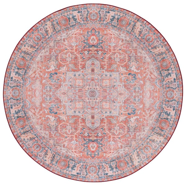 SAFAVIEH Tucson Rust/Navy 6 ft. x 6 ft. Machine Washable Floral Border Round Area Rug