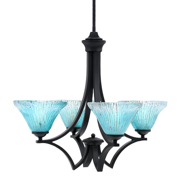 Unbranded Clevelend 4-Light Matte Black Round Chandelier with 7 in. Teal Crystal Glass Shades, No bulbs included
