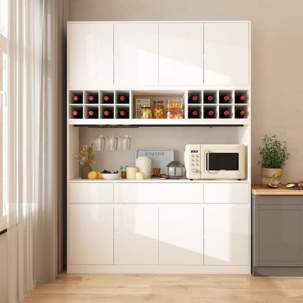FUFU&GAGA 4-in-1 White Wood Storage Cabinet with Buffet and Hutch Wine Rack with Doors, Drawers, Adjustable Shelves