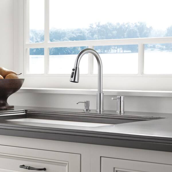 15 in. H Pull Down Sprayer Kitchen Faucet with Soap Dispenser, 360° Swivel Spout in Brushed Nickel