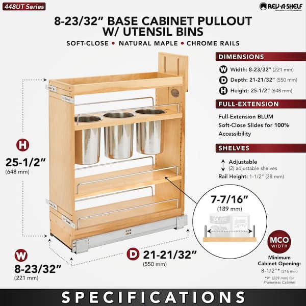 Natural Maple 8" Pull Out Kitchen Cabinet Organizer w/ Soft-Close