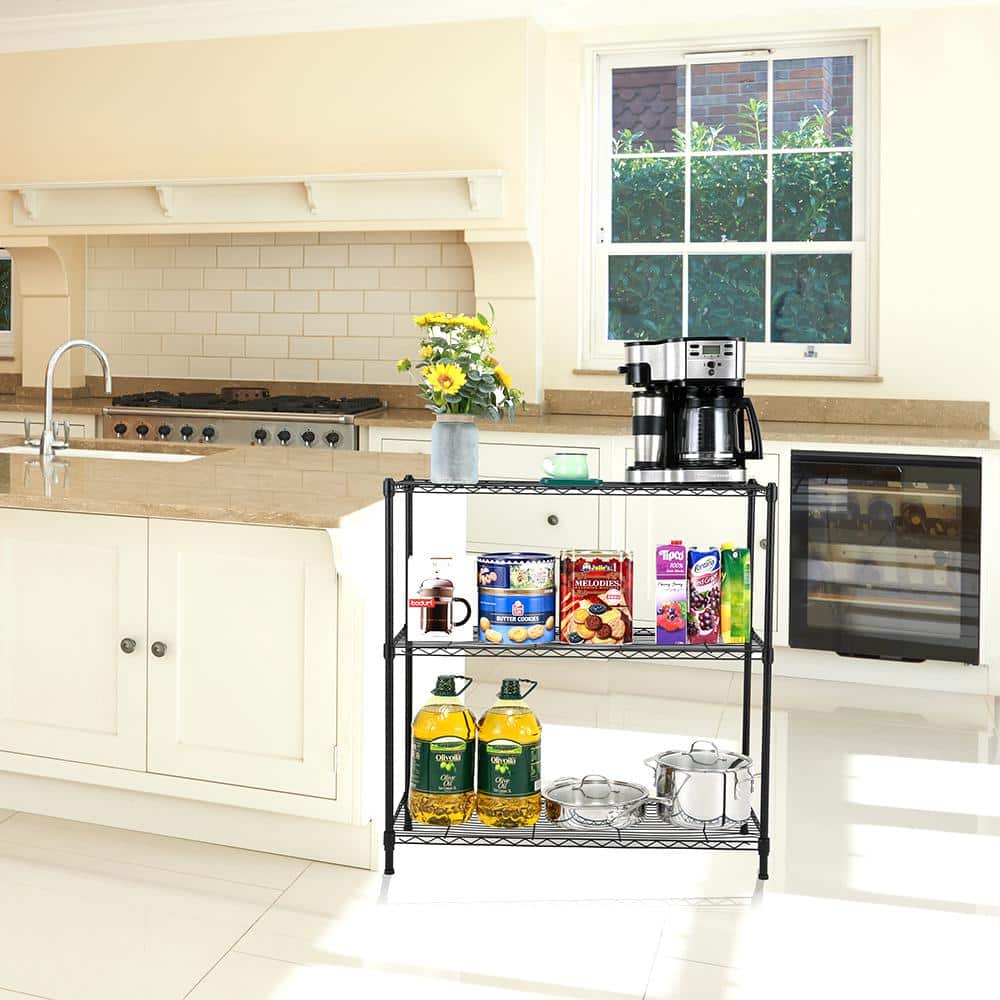 Black 3-Tier Carbon Steel Wire Shelving Unit with Liners