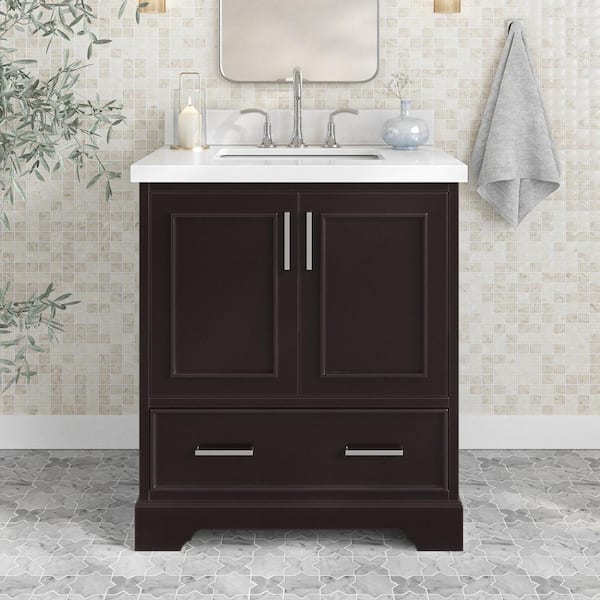 ARIEL Stafford 30 in. W x 22 in. D x 36 in. H Single Sink Freestanding Bath Vanity in Espresso with Pure White Quartz Top
