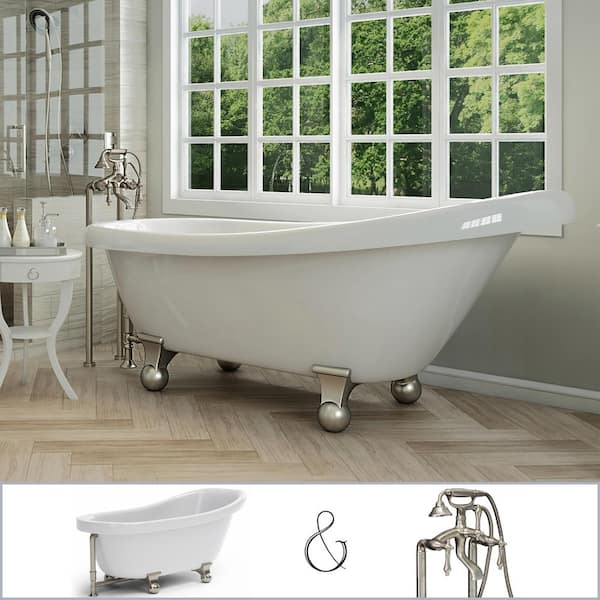 PELHAM & WHITE Glendale 67 in. Acrylic Slipper Clawfoot Bathtub in White, Cannonball Feet, Floor-Mount Faucet in Brushed Nickel