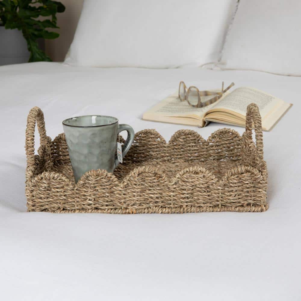 Natural Seagrass Rectangular Decorative Tray with Scalloped Edge