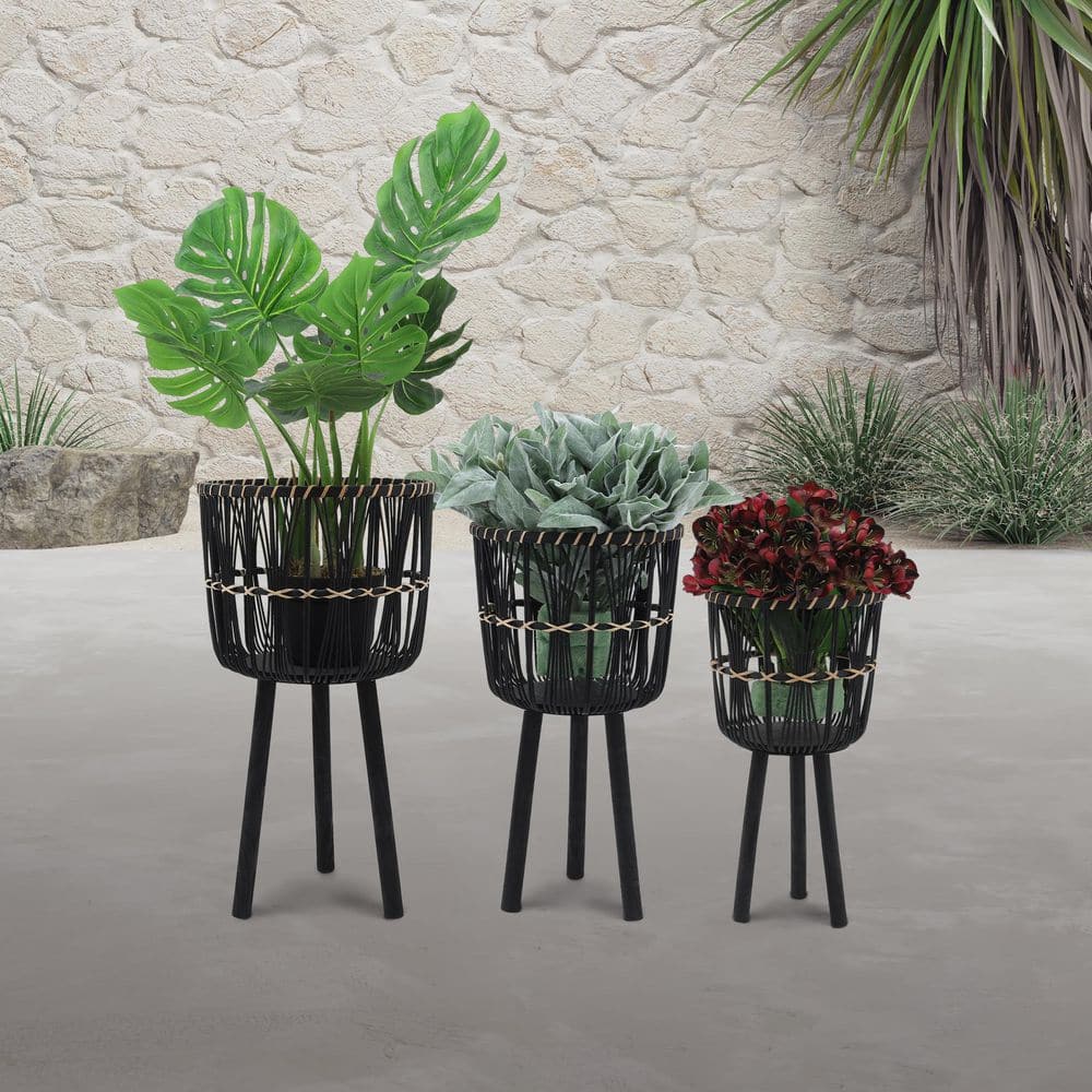 15 in. and 13 in. and 11 in. Black Bamboo Wood Round Planter Set with Stand and Drainage Holes Indoor Outdoor (3-Pack) price history on PriceWatchPro
