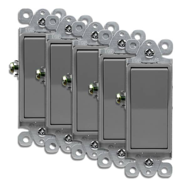 ENERLITES 15 Amp Rocker Light Switch, 3-Way or Single Pole Decorator, Gray (5-Pack)