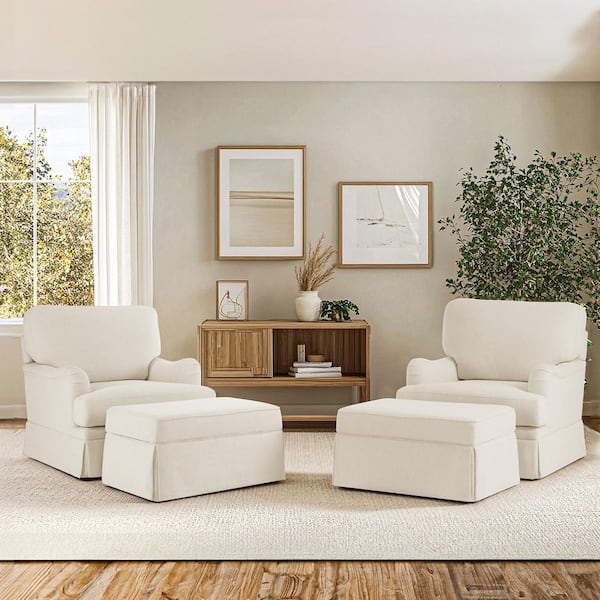 Muro 4-Piece Beige Fabric Modern Upholstered Swivel Accent Arm Chair Metal Base Barrel Sofa Chair with Storage Ottoman