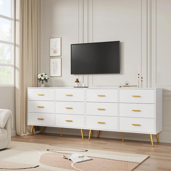 Garvee 6 Drawer Dresser with Storage Space, Modern Wooden Dresser with Gold Handles, Chest of Drawers with Deep Drawers, White Garvee 6 Drawer Dresser with Storage Space, Modern Wooden Dresser with Gold Handles, Chest of Drawers with Deep Drawers, White