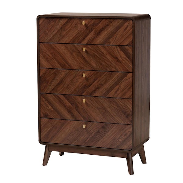 Baxton Studio Markell Walnut Brown and Gold 5-Drawer 31.5 in. Chest of Drawers