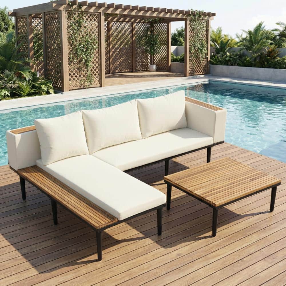 3-Piece Outdoor Metal Patio L-Shaped Conversation Sectional Seating Set with Beige Removable Cushions price history on PriceWatchPro